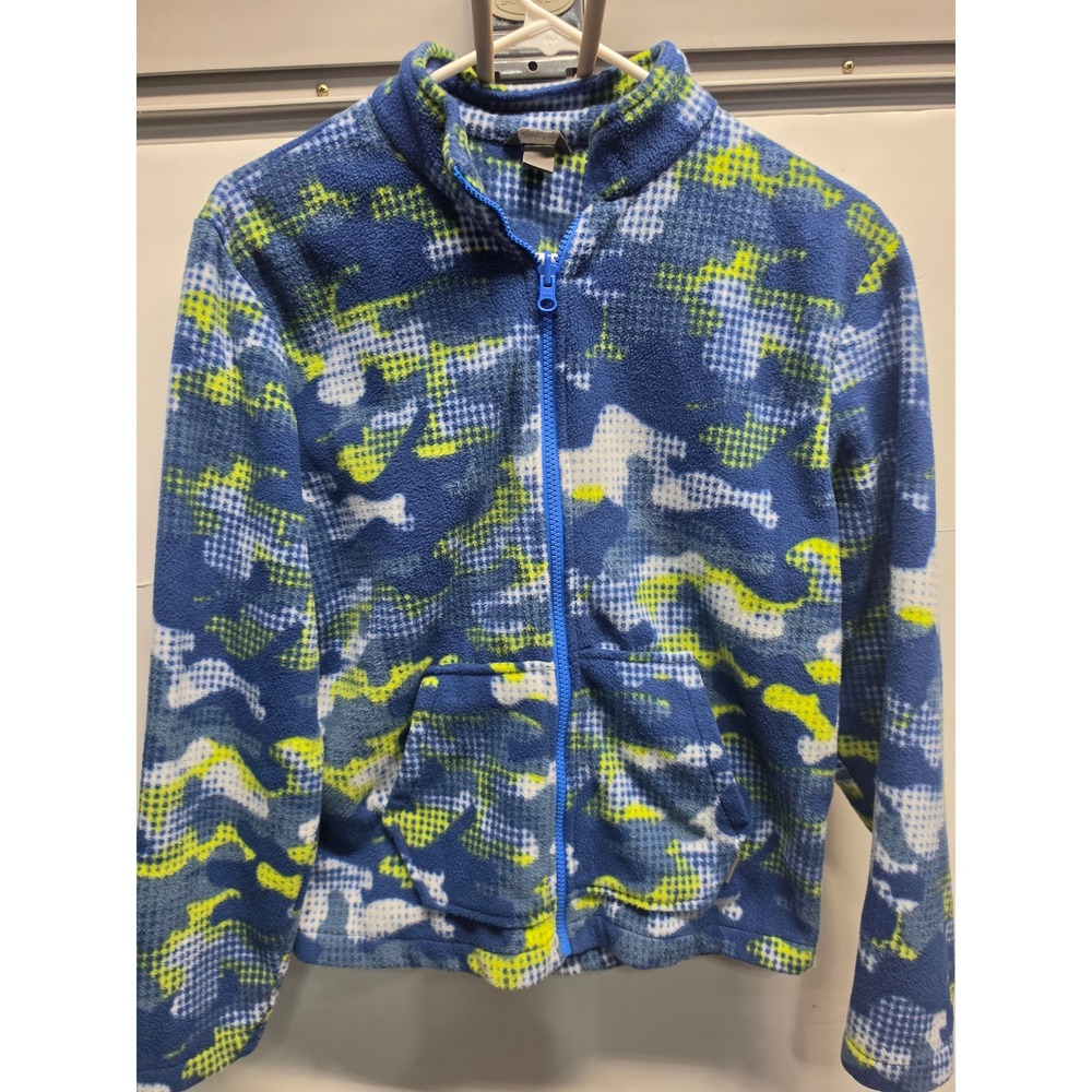 Eddie Bauer Kids Blue Lime Green Camo Full Zip Fleece Jacket Youth Large 14/16